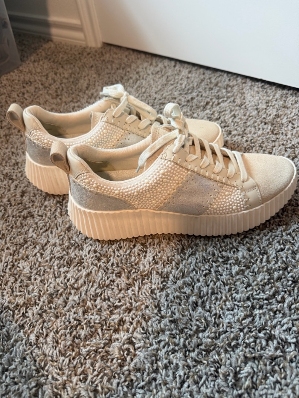 ⚡️Dolce Vita Cream and Silver Platform Sneakers With Pearl Embellishment